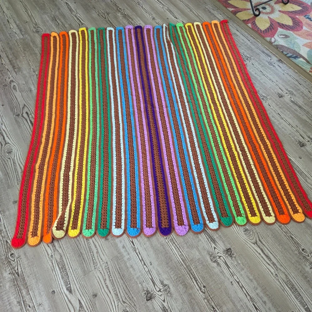 Vintage Handmade Crochet Rainbow Stripe Blanket Brown Scalloped Edge Retro 68x60